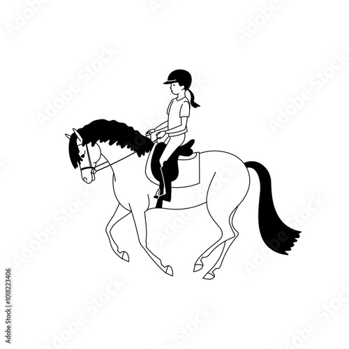 Girl riding a sports pony, black and white, line vector