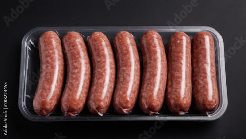 Package of delicious sausages on a dark background. This image is suitable for culinary blogs, recipe sharing, and product marketing. A simple and convenient solution for meat dishes