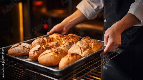 Chef Skillfully Pulls a Tray of Freshly Baked Bread From the Oven in a Warm Kitchen