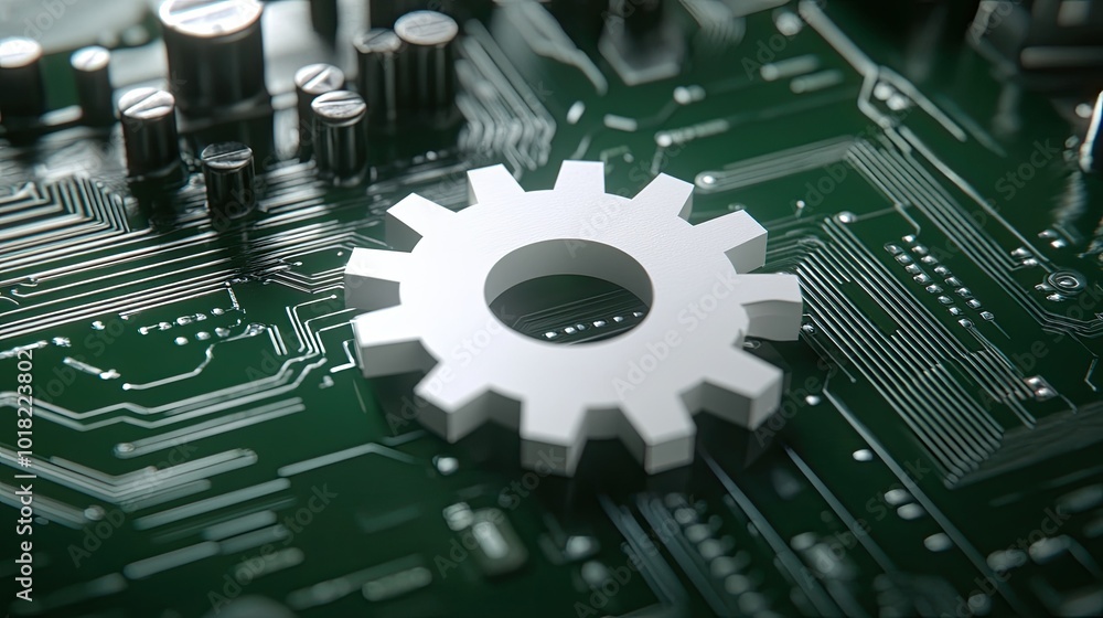 Fototapeta premium Abstract technology scene with a white paper gear seamlessly integrated into a green circuit board.