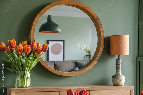 Green wall with round wooden mirror, vintage tulips, modern pendant lamp, minimal console, maximalist room photo