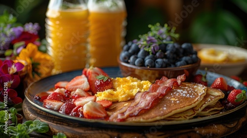 A wholesome breakfast plate with pancakes, bacon, scrambled eggs, and fresh blueberries, served alongside orange juice in a floral setting