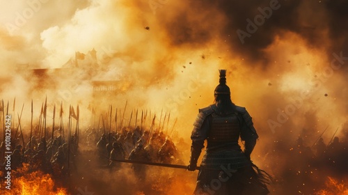 A lone warrior stands amidst a burning battlefield, smoke and flames billowing around him.