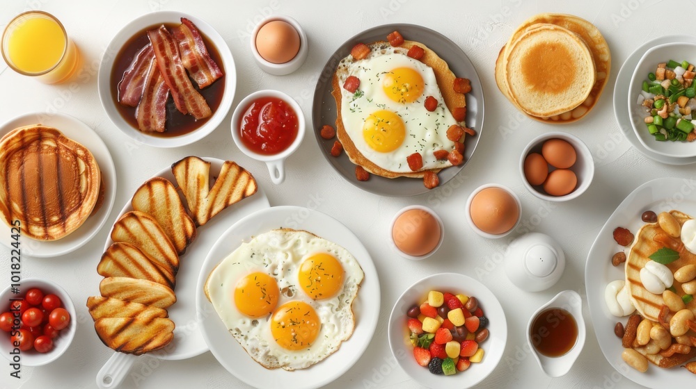 A delicious breakfast spread featuring fried eggs, pancakes, bacon, toast, and fresh fruits, arranged beautifully for a wholesome morning meal
A delicious breakfast spread featuring fried eggs, pancakes, bacon, toast, and fresh fruits, arranged beautifully for a wholesome morning meal