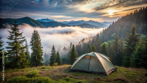 Minimalist POV of a camping tent in coniferous forest and mountains in fog