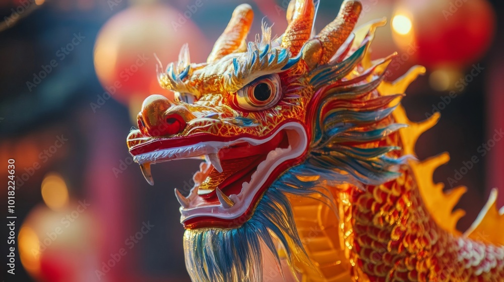 Obraz premium Close-up of a Colorful Dragon Head with Open Mouth
