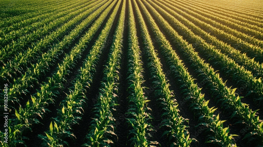 Aerial shot of a cornfield in the late afternoon, with long shadows cast over the rows of plants. Aerial shot of a cornfield in the late afternoon, with long shadows cast over the rows of plants.