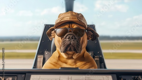 Bulldog as a pilot, wearing aviator sunglasses and a pilot s hat, sitting confidently in a cockpit, ready for takeoff photo