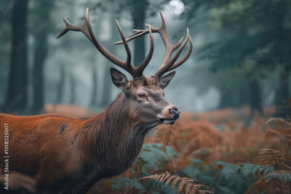Obraz premium Majestic Stag Standing Gracefully in a Misty Forest Surrounded by Ferns at Dawn