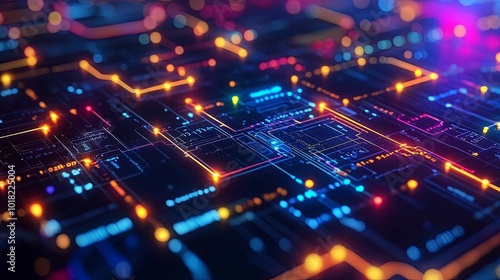 Abstract Digital Circuit Board with Glowing Lines