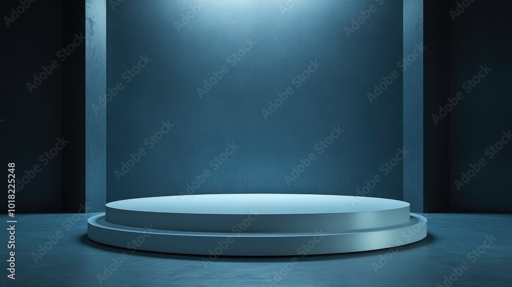 A Circular Podium in a Dark Room with Blue Walls A Circular Podium in a Dark Room with Blue Walls
