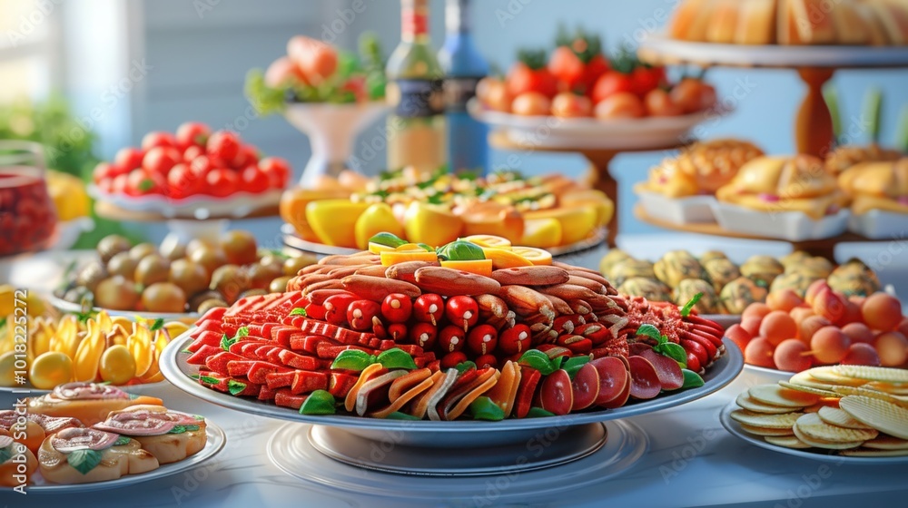 A large buffet table filled with a variety of colorful appetizers, fruits, cheeses, and meats, elegantly displayed for a festive dining experience
A large buffet table filled with a variety of colorful appetizers, fruits, cheeses, and meats, elegantly displayed for a festive dining experience
