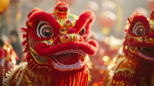 A Close-Up of a Red and Gold Lion Dance Costume