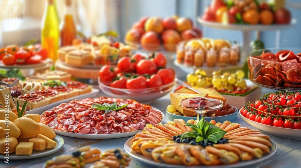 A beautifully arranged buffet table filled with colorful fruits, meats, and appetizers, elegantly displayed for a festive dining experience
A beautifully arranged buffet table filled with colorful fruits, meats, and appetizers, elegantly displayed for a festive dining experience