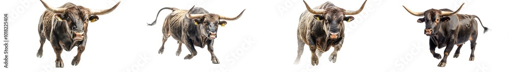 Powerful bull charging forward, showcasing their distinctive long hair and impressive horns in a serene natural setting. Powerful bull charging forward, showcasing their distinctive long hair and impressive horns in a serene natural setting.