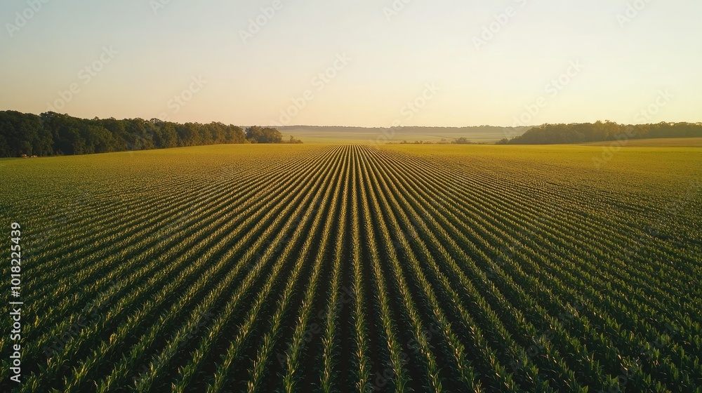 Aerial view of a cornfield in late summer, with green plants stretching out to the horizon under a clear sky. Aerial view of a cornfield in late summer, with green plants stretching out to the horizon under a clear sky.