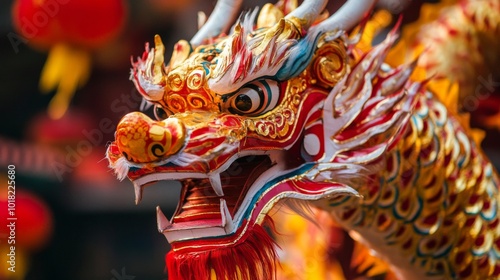 Close-up of a Colorful Dragon Head Costume with Red and Gold Detail