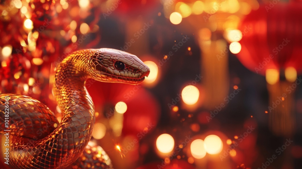 Golden Snake Coiled with Red and Gold Blurred Background Golden Snake Coiled with Red and Gold Blurred Background