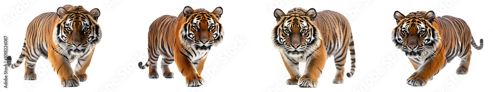 Tiger prowling with its orange and black stripes, Four majestic tigers in dynamic poses, showcasing their strength and beauty in a vibrant digital illustration. Tiger prowling with its orange and black stripes, Four majestic tigers in dynamic poses, showcasing their strength and beauty in a vibrant digital illustration.