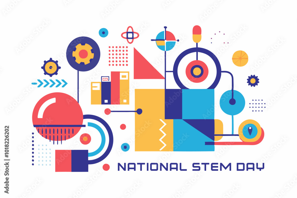 Naklejka premium Abstract minimalist design celebrating national stem day with geometric shapes and colorful patterns