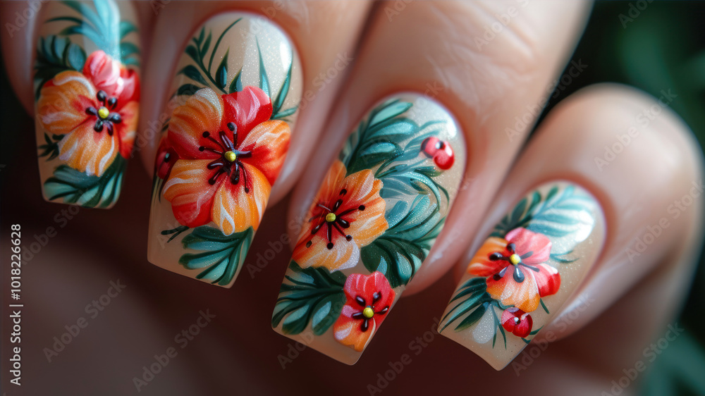 Vibrant Floral Summer Nail Art With Tropical Designs Showcasing Bright Colors and Intricate Details Vibrant Floral Summer Nail Art With Tropical Designs Showcasing Bright Colors and Intricate Details