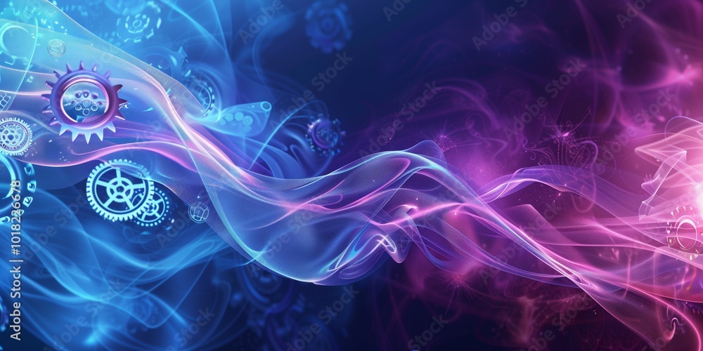 Obraz premium Abstract background with gears and deep blue and purple tones, smooth, bright hues, flowing lines, digital style, empty space.