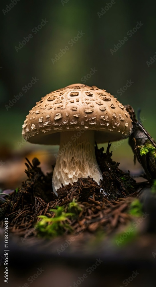 Macro shot of an edible mushroom, boletus in the forest, food Macro shot of an edible mushroom, boletus in the forest, food