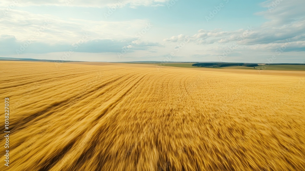 Fototapeta premium Aerial view of vast barley fields, with golden crops rippling in the wind under a partly cloudy sky.