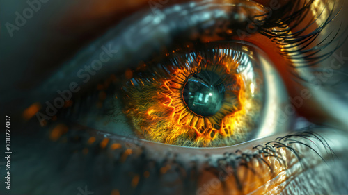A Surreal Depiction of a Hyper-Realistic Eye With Fiery Reflections in a Dark Environment