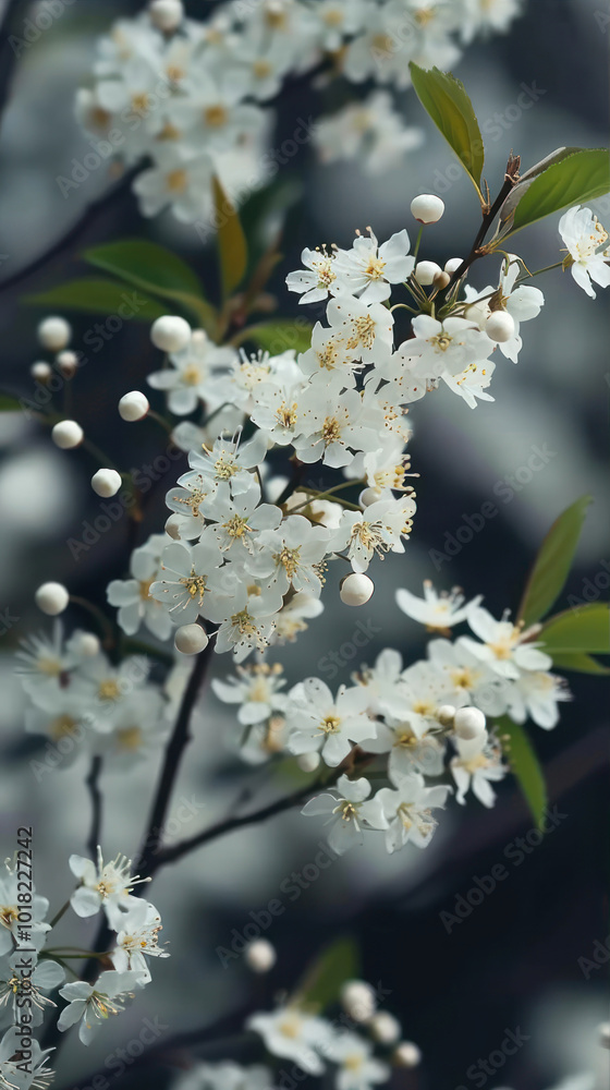 Delicate White Blossoms Adorn Branches Against a Soft Blurred Background in Early Spring Delicate White Blossoms Adorn Branches Against a Soft Blurred Background in Early Spring