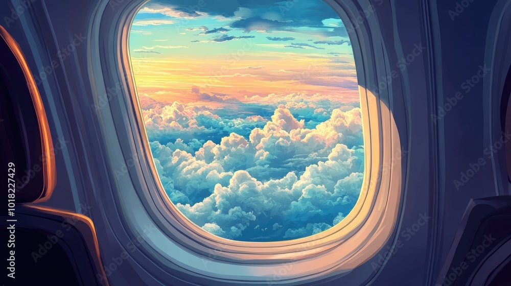 Airplane window scene showing a mix of the cabin interior with the outdoor view of clouds and distant mountains. Airplane window scene showing a mix of the cabin interior with the outdoor view of clouds and distant mountains.