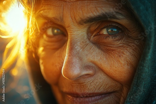 An elderly woman gazes intently, her face depicting a lifetime of experiences. Sunlight creates a warm glow around her, highlighting her wrinkles and captivating eyes, showcasing both strength and wis photo