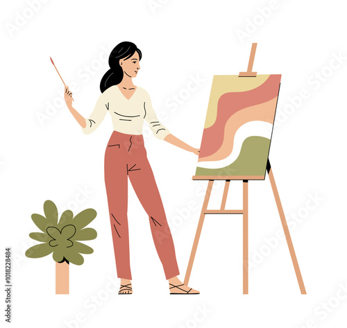 A young beautiful woman paints a picture on canvas. Girl and easel. Artistic paints, creativity and hobbies. Flat vector illustration isolated on white background