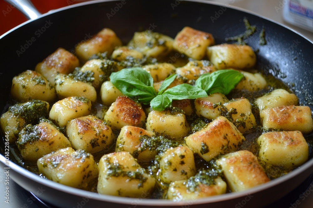 A pan full of homemade potato gnocchi with pesto - generative ai A pan full of homemade potato gnocchi with pesto - generative ai