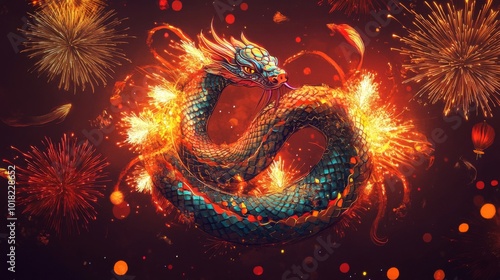 A Golden Dragon Surrounded by Fireworks