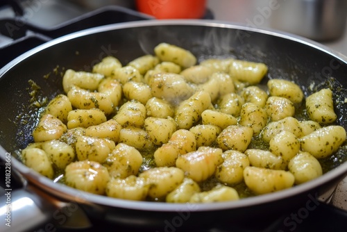 A pan full of homemade potato gnocchi with pesto - generative ai