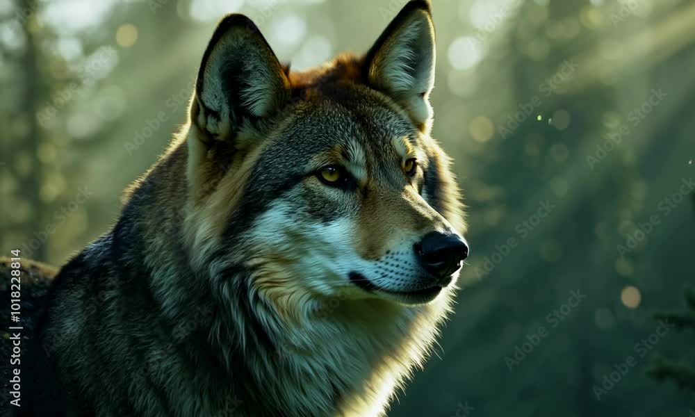 Close-up portrait of a wolf with bright yellow eyes, looking intensely to the right, with green blurred forest background. Close-up portrait of a wolf with bright yellow eyes, looking intensely to the right, with green blurred forest background.