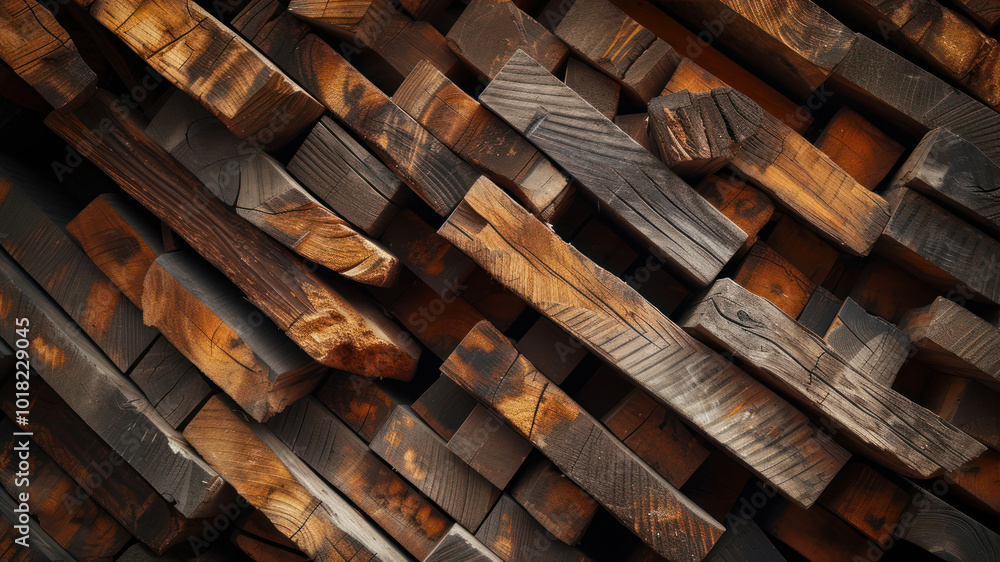 Lumber Stacked Neatly in a Shop, Highlighting Diverse Grains and Hues Under Warm Lighting Lumber Stacked Neatly in a Shop, Highlighting Diverse Grains and Hues Under Warm Lighting