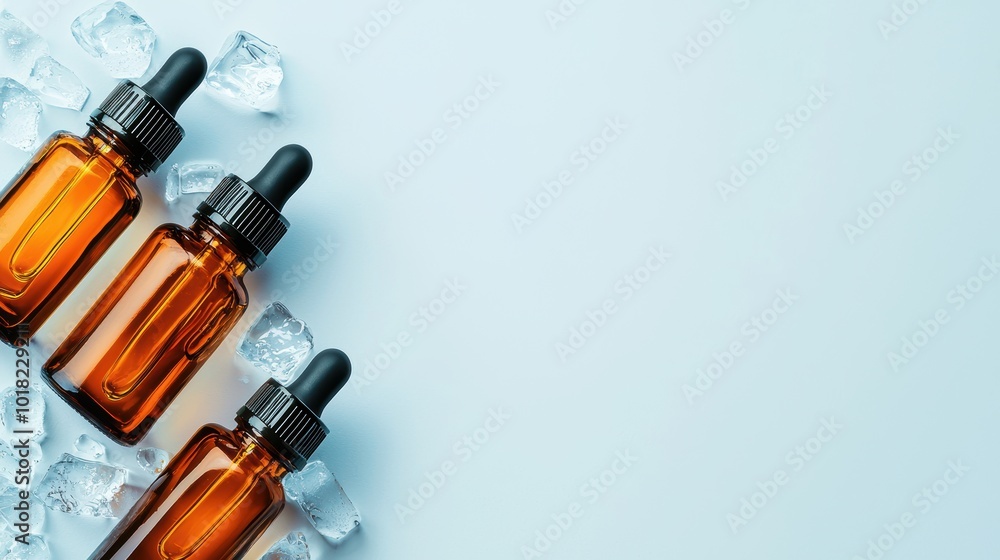 Brown Essential Oil Bottles on Ice with White Background Brown Essential Oil Bottles on Ice with White Background