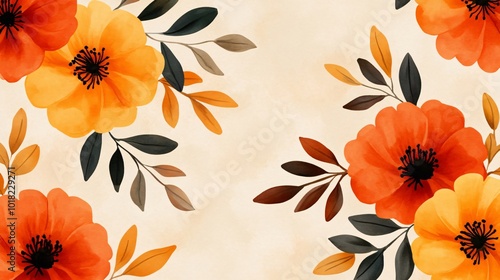 Delicate watercolor marigolds in soft orange and yellow tones, arranged on a pale background, minimalist and seamless