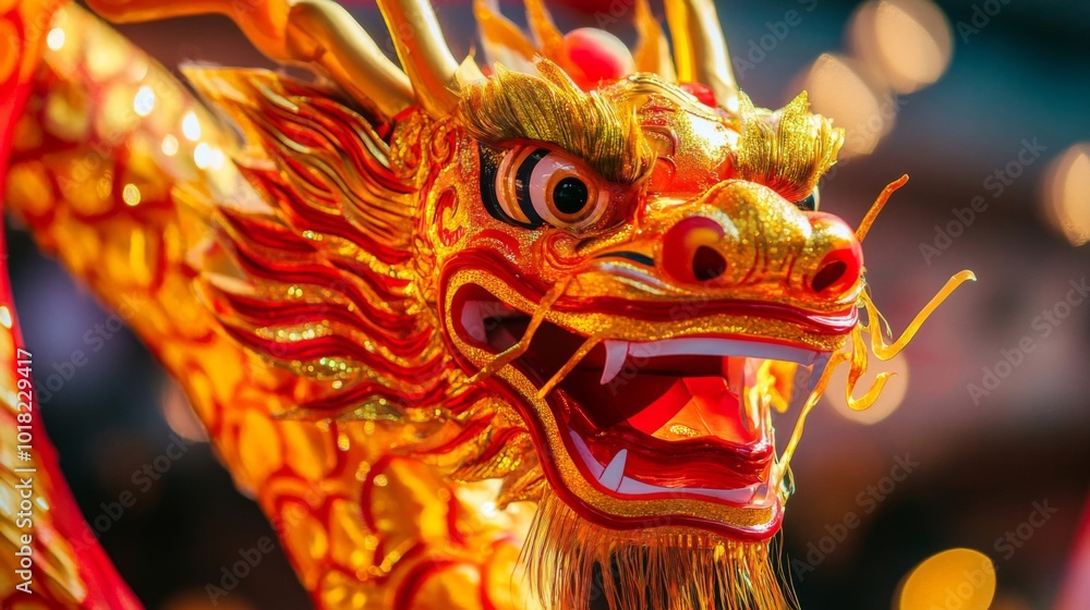 Close-up of a Red and Gold Dragon Costume Head with Open Mouth Close-up of a Red and Gold Dragon Costume Head with Open Mouth