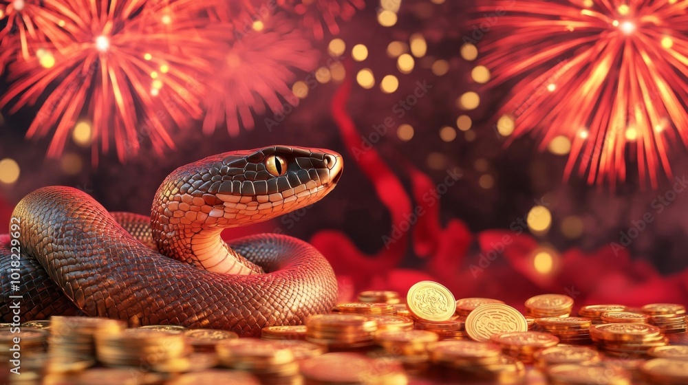 A Snake Coiled on a Pile of Gold Coins with Red Fireworks in the Background A Snake Coiled on a Pile of Gold Coins with Red Fireworks in the Background