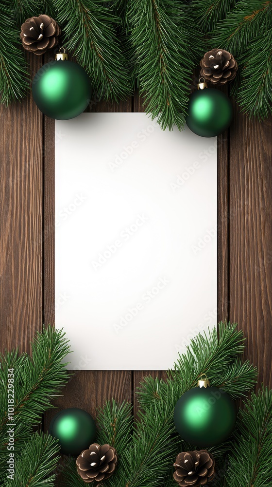 A blank white greeting card is positioned on an old wooden table, embellished with pine branches and green Christmas ornaments, creating a festive, inviting atmosphere A blank white greeting card is positioned on an old wooden table, embellished with pine branches and green Christmas ornaments, creating a festive, inviting atmosphere