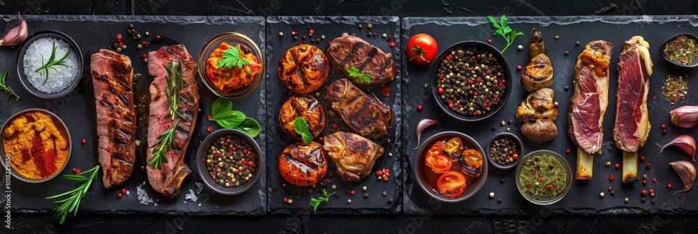 Restaurant Food Set with Grilled Beef Cheeks, Lamb Legs and Tongues Top View, Various Meat Dishes Restaurant Food Set with Grilled Beef Cheeks, Lamb Legs and Tongues Top View, Various Meat Dishes