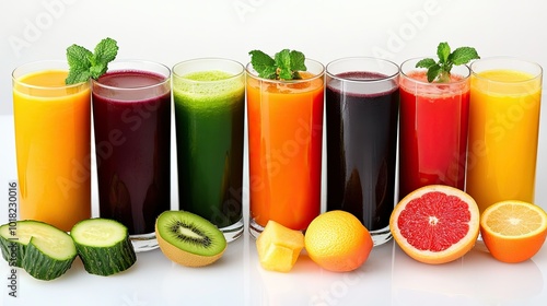 An assortment of glasses filled with colorful fruit and vegetable juices, lined up on a clean surface.