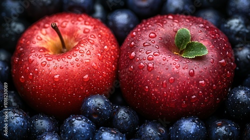 Two vibrant red apples sit among a bed of fresh blueberries, both covered in glistening water droplets, creating a vivid and appetizing display of fruits. The natural colors and textures emphasize fre photo