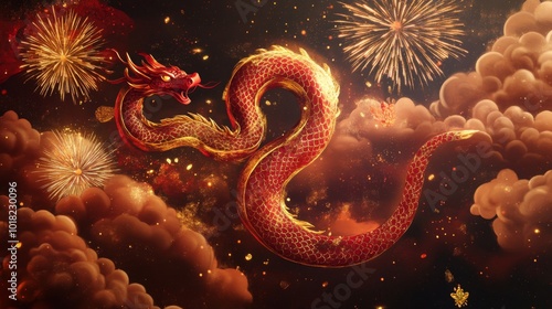 A Golden and Red Dragon Soaring Through Fireworks and Clouds