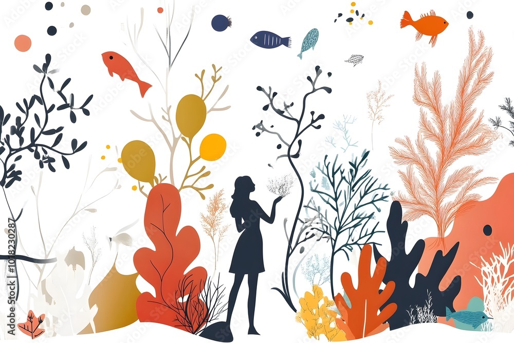 Abstract Underwater Scene with Woman Silhouette and Fish Abstract Underwater Scene with Woman Silhouette and Fish