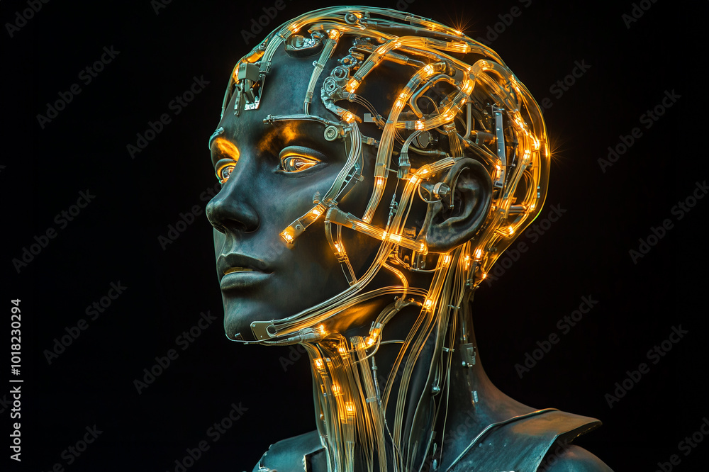 Model of human head made of interconnected wires and lights. Concept of the complexity of human brain modelling, artificial intelligence creating. Future developing of Intelligence, science and mind. Model of human head made of interconnected wires and lights. Concept of the complexity of human brain modelling, artificial intelligence creating. Future developing of Intelligence, science and mind.