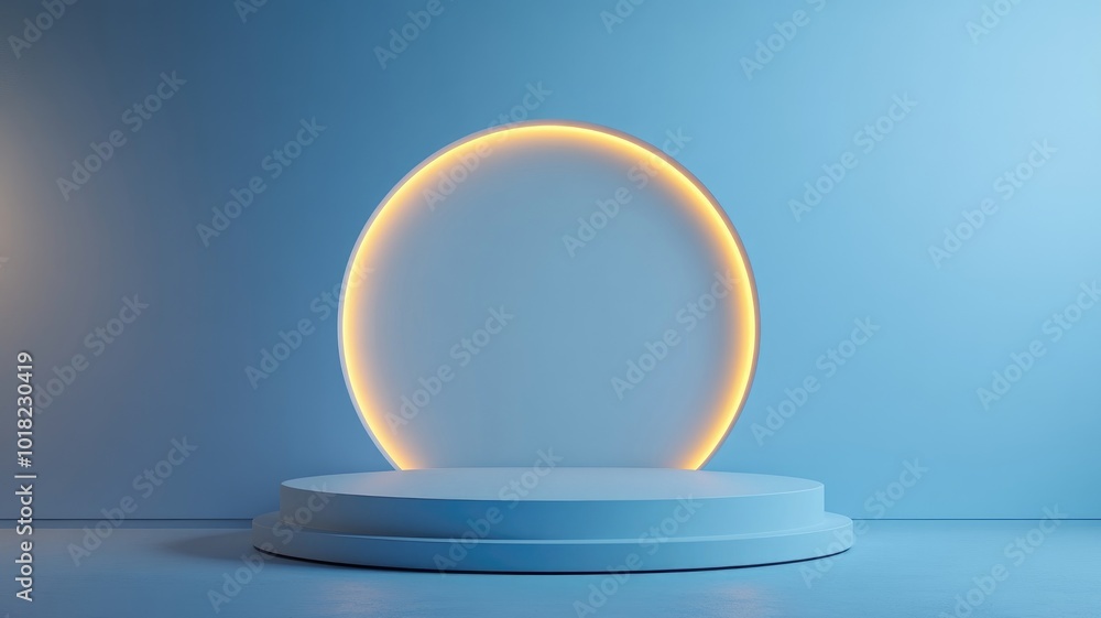 Two-Tiered White Platform with Glowing Oval Behind in a Blue Room Two-Tiered White Platform with Glowing Oval Behind in a Blue Room